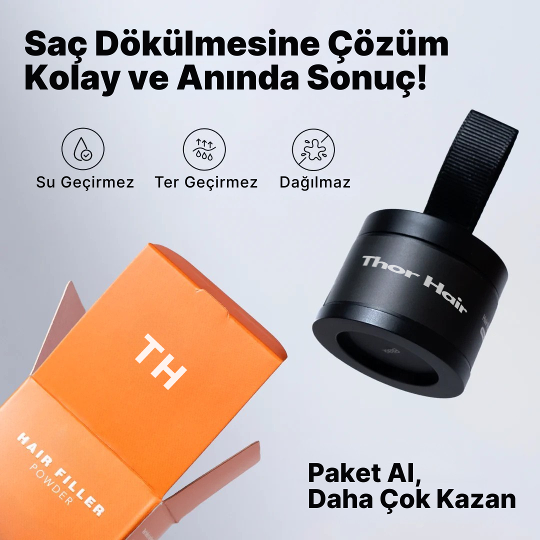 Su geçirmez saç kapatıcı Thor Hair ürün kutusu, saç dökülmesine çözüm sunan etkili ürün.