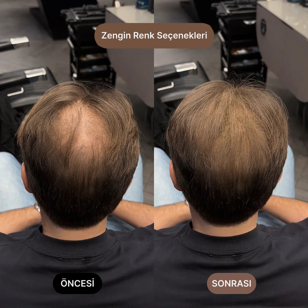 Comparison of hair coverage before and after using waterproof hair cover, showcasing rich color options.