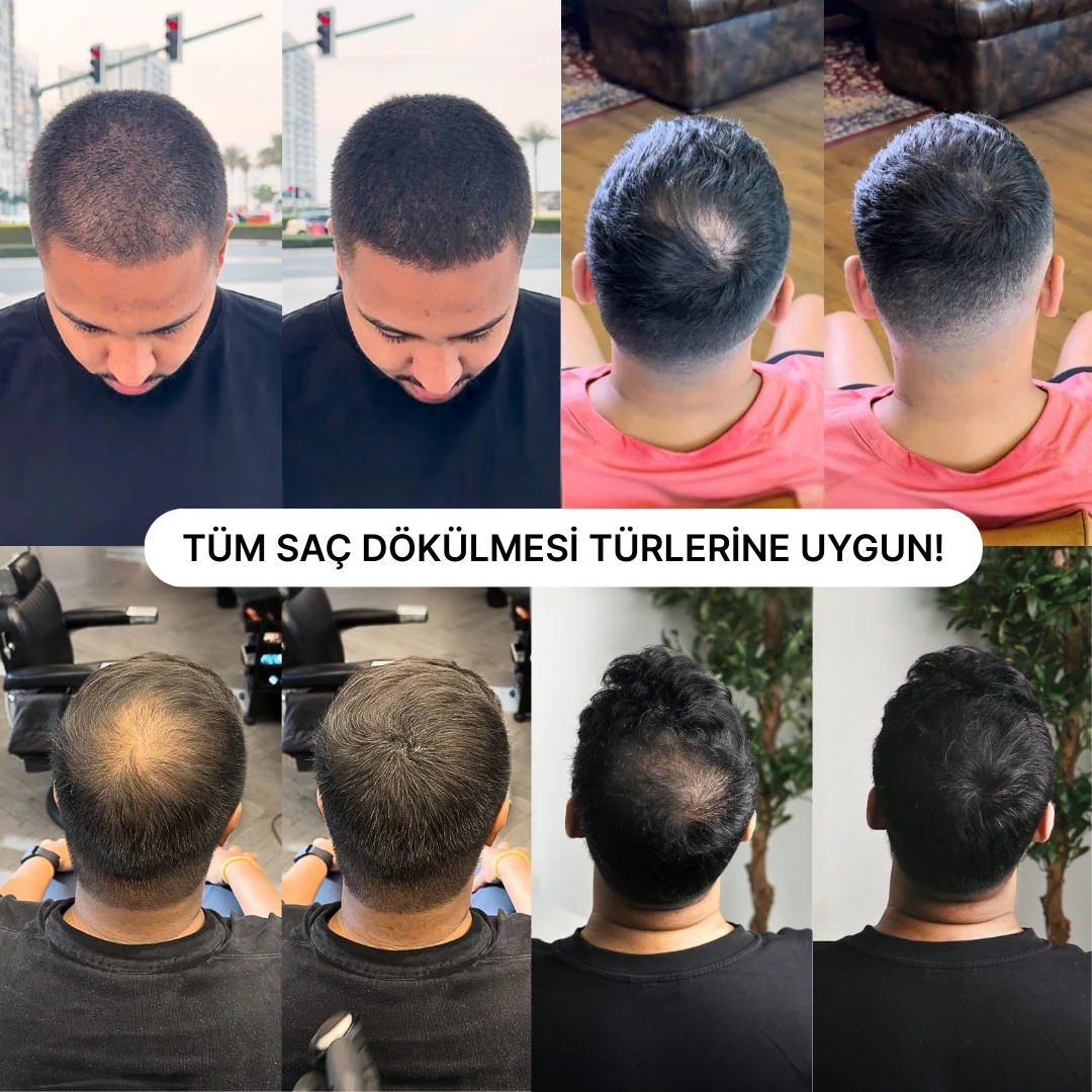 Su geçirmez saç kapatıcının farklı saç tiplerinde kullanımını gösteren fotoğraf collajı.