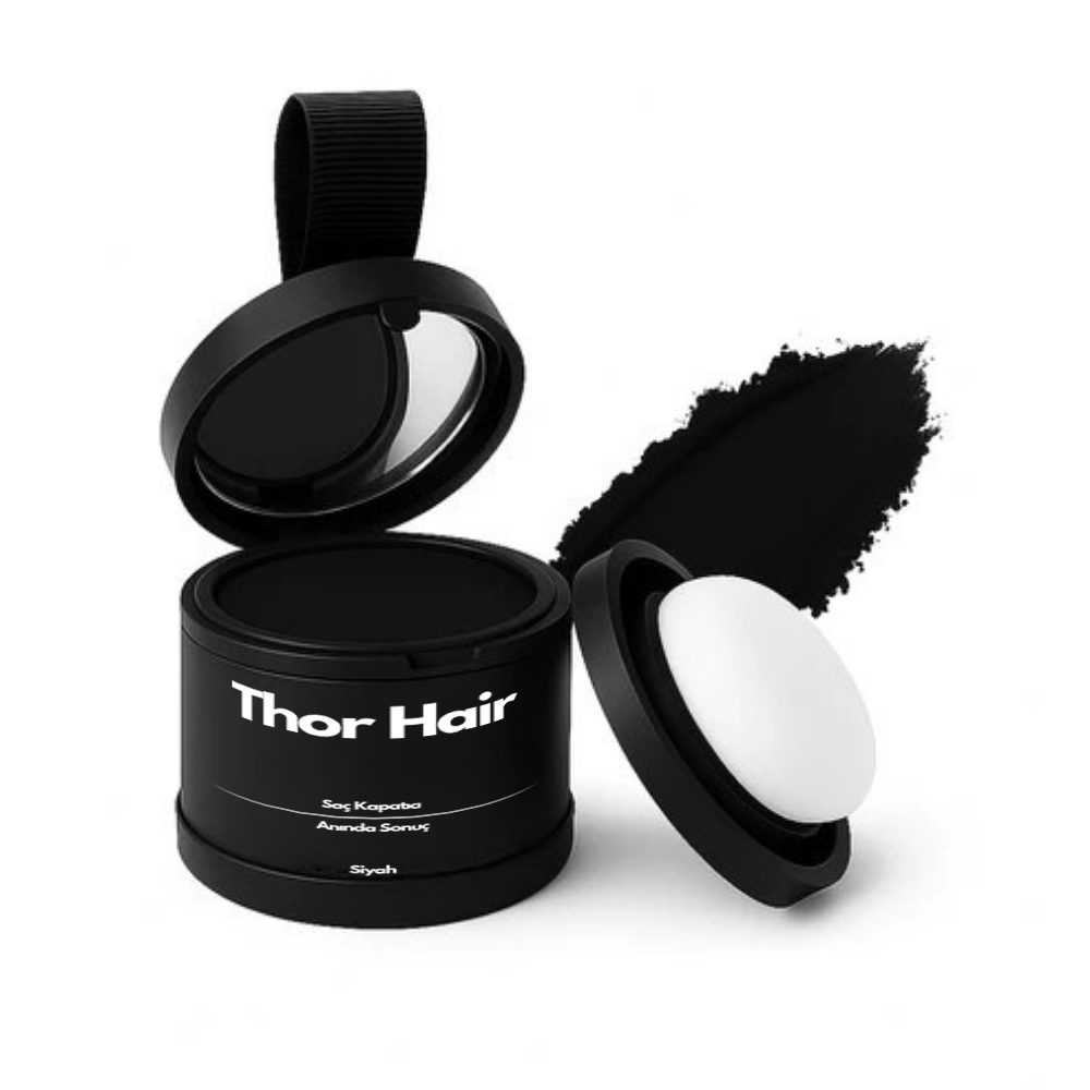 Su geçirmez saç kapatıcı Thor Hair, siyah kutu içinde krem ve aplikatör ile. Şık tasarım.