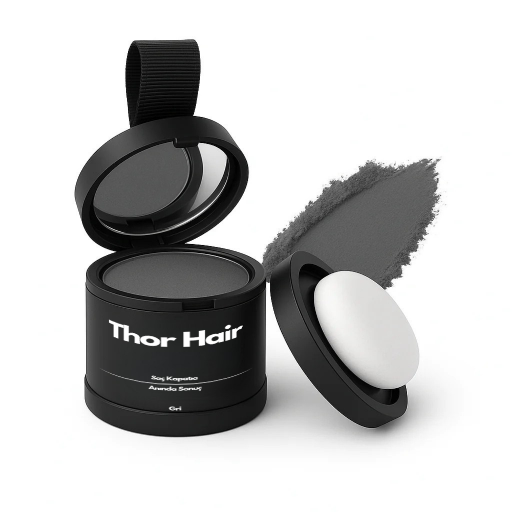 Su geçirmez saç kapatıcı ürün, Thor Hair ambalajı ve içindeki gri pudra.